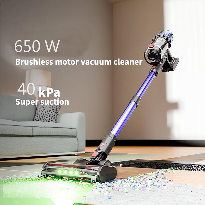 Cordless Stick Vacuum Cleaner, 40KPa Strong Suction, 650W Brushless Motor, Up to 50 Minutes Runtime, Self-Standing, Lightweight, HEPA Filter, Ideal for Pet Hair, Hard Floors and Carpets