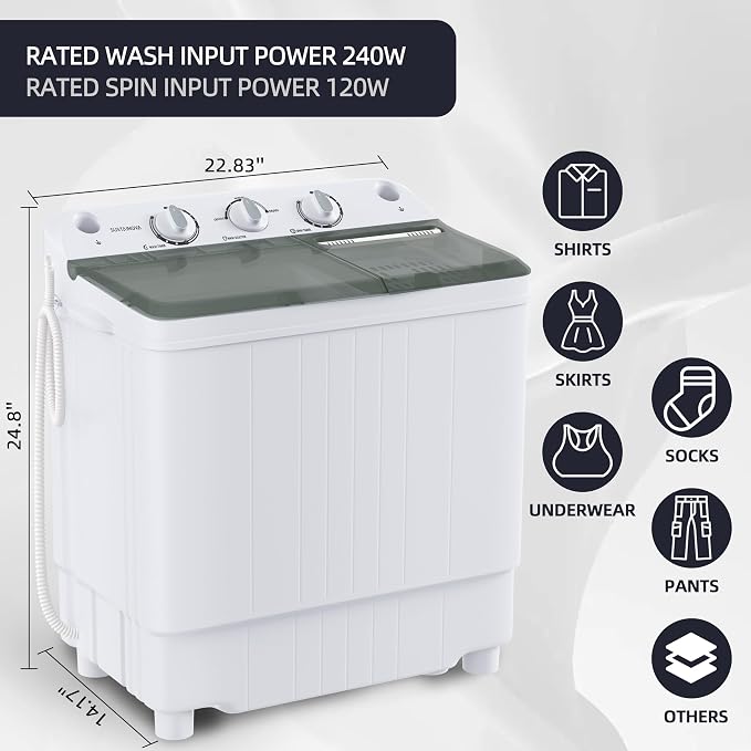 Elevon Portable Washing Machine Twin Tub 9.9 Lbs Capacity, (7.7 Lbs) and Spinner(2.2 Lbs) Combo Mini Compact Laundry Washer for Home, Apartment, Camping, RVs and Dorms, Black/White