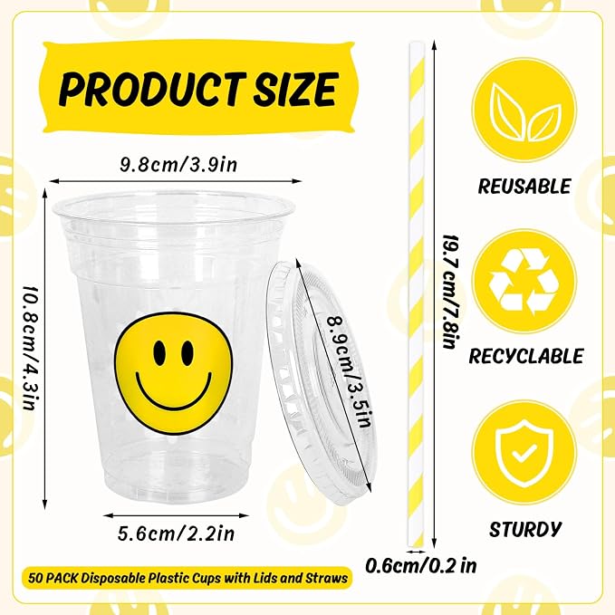 Whaline 50Pcs One Happy Dude Smile Face Disposable Plastic Cups with Lid and Straws 12oz Happy Face Party Cups Cold Beverage Drinking Cup for Fall Birthday Baby Shower Wedding Party Supplies