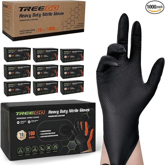 TREEGO 10 Mil Black Nitrile Gloves Bulk Case, 1000 Count Large — Heavy Duty Diamond Texture, Latex Free Disposable Gloves for Shop Teams, Mechanics, Industrial & Maintenance Workflows