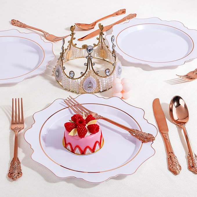 WDF 120Pieces Rose Gold Plastic Silverware - Heavy Duty Rose Gold Plastic Cutlery Set - Disposable Utensils - Flatware Includes 40 Forks, 40 Spoons, 40 Knives for Wedding Party Birthday