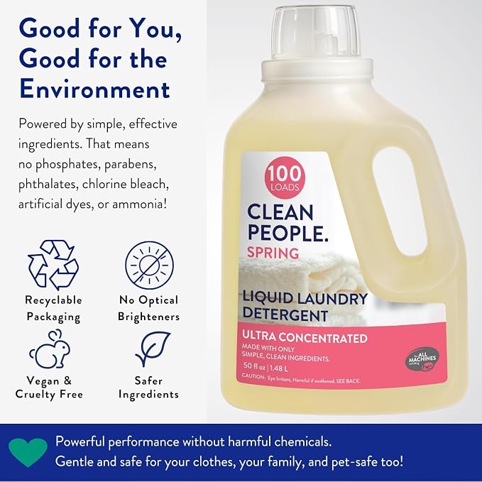 The Clean People Liquid Laundry Detergent - Recyclable Packaging, Stain Fighting - Ultra Concentrated, Laundry Soap - Spring Scent, 200 Loads