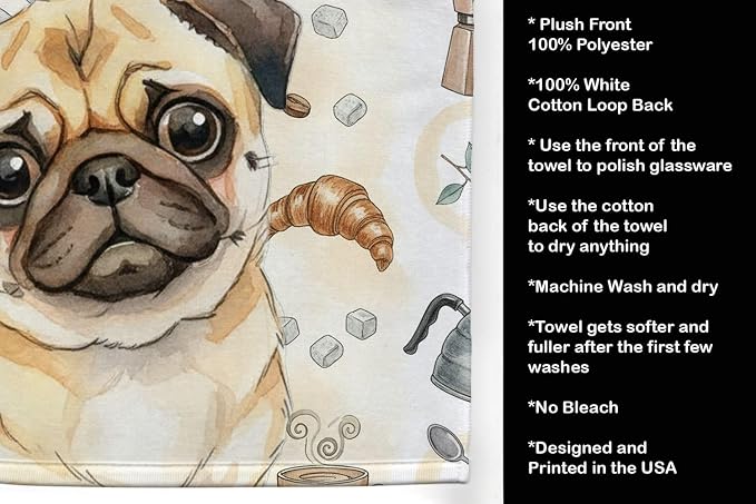 Caroline's Treasures Fawn Pug Coffee Bar Kitchen Towel Velour Plush Front and Cotton Loop Back Machine Washable