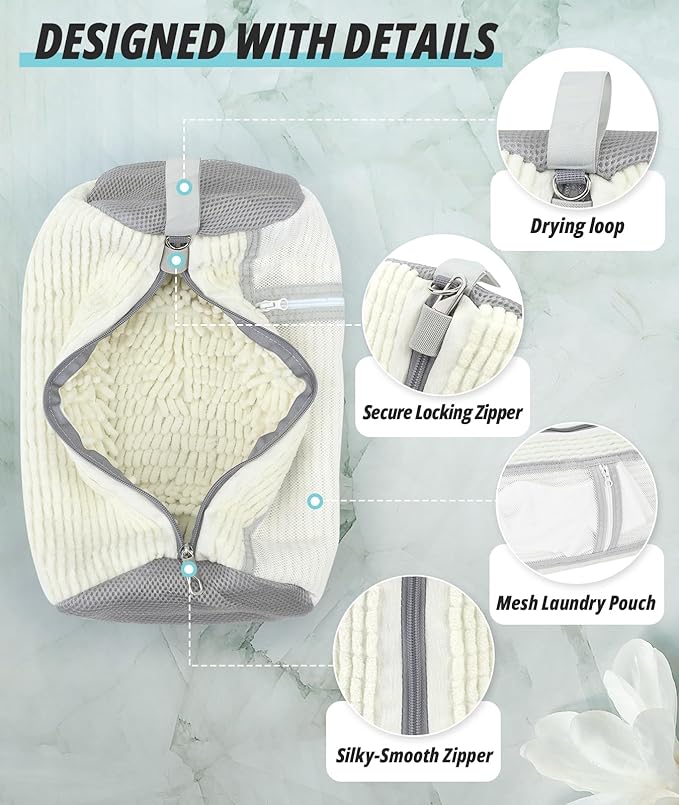 Shoe Washing Machine Bag, 2 Pack Shoe Cleaning Bag for Washer and Dryer, 360° Deep Cleaning Reusable Shoes Laundry Bags for Sneakers with Zipper Protection and Side Mesh Pouch, White