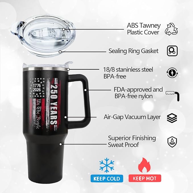 Ceovfoi 40 oz 250 Years 4th of July Tumbler with Handle Lid and Straw, Stainless Steel Insulated Coffee Mug Cup, 250th Independence Day Gifts for Men, 4th of July Decor Accessories