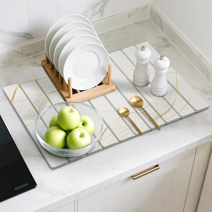 Large Stone Dish Drying Mat for Kitchen Counter, 2PCS Quick Dry Stone Dishes Mat,Foldable Water Absorbing Drying Organizer Pad for Plate Rack Bottles Utensils(Printed White Gold 24"×16" & 8"x4")