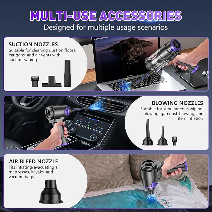 KMM Handheld Car Vacuum Cleaner, 16000PA Air Duster & Vacuum Cleaner, 120W High Power Hand Held Vacuum Cordless, Portable Vacuum Rechargeable with Multi-Nozzles & LED Light for Car, Home, Pet, Office