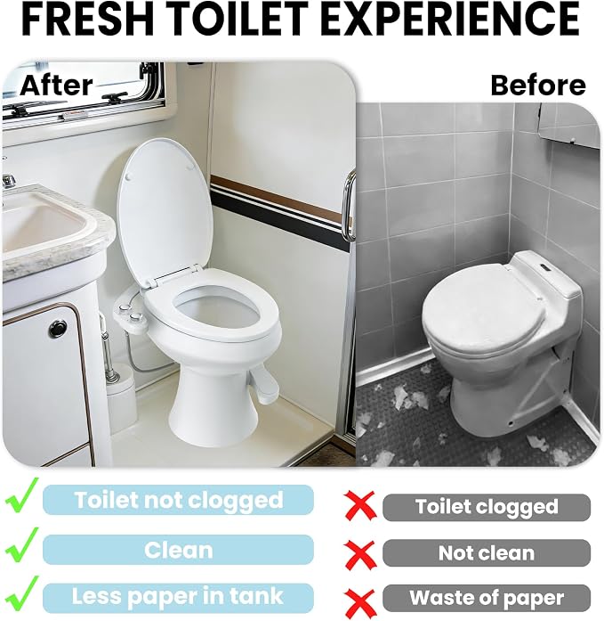 RV Bidet Toilet Seat Attachment, Support for SEAFLO, RV Bidet for Camper Toilet with Dual Nozzles, Self/Rear/Front Cleaning, Non-Electric, Adjustable Water Pressure, Fresh Water