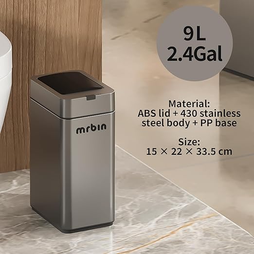 MRBIN Slim 2.4 Gal Bathroom Trash Can with Lid – Small Stainless Steel Touchless Motion-Sensor Waste Basket for Office, Bedroom, Kitchen, RV, Quiet Close, Dog-Proof, Space-Saving Narrow Garbage Can