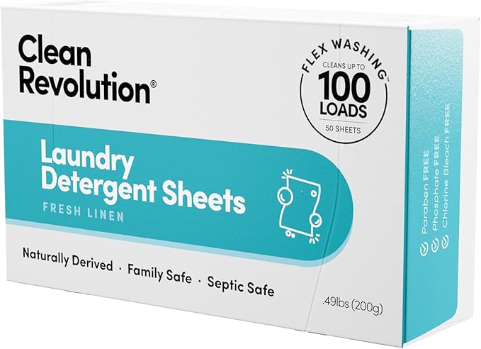 Clean Revolution Laundry Detergent Sheets, 50 Sheets, 100 Loads of Laundry, Fresh Linen, Septic Safe, Dissolves Completely, USA Produced and Inspected