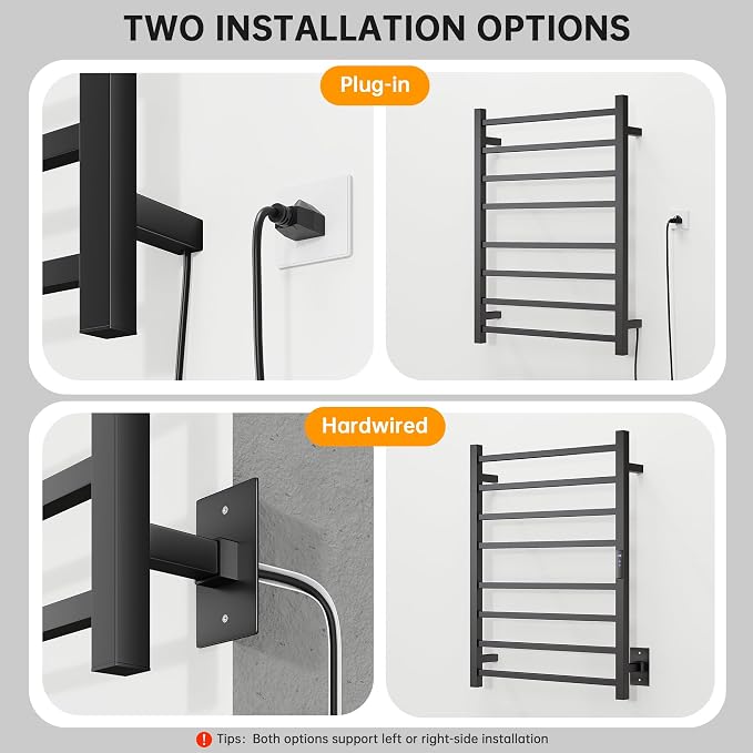 Towel Warmer Rack, Heated Towel Racks for Bathroom, Wall Mounted Towel Warmer, Stainless Steel 8-Bars Drying Rack with Intelligent Touch Screen Timer, Matte Black
