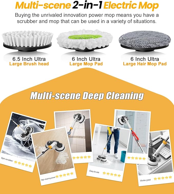 qimedo 6000mAh Battery Electric Mop with 12 Replacement pad and Brush Head, 800RPM Cordless Electric Power Scrubber & Mops for Floor Cleaning, Best Automatic Spin Mops with Smart Display