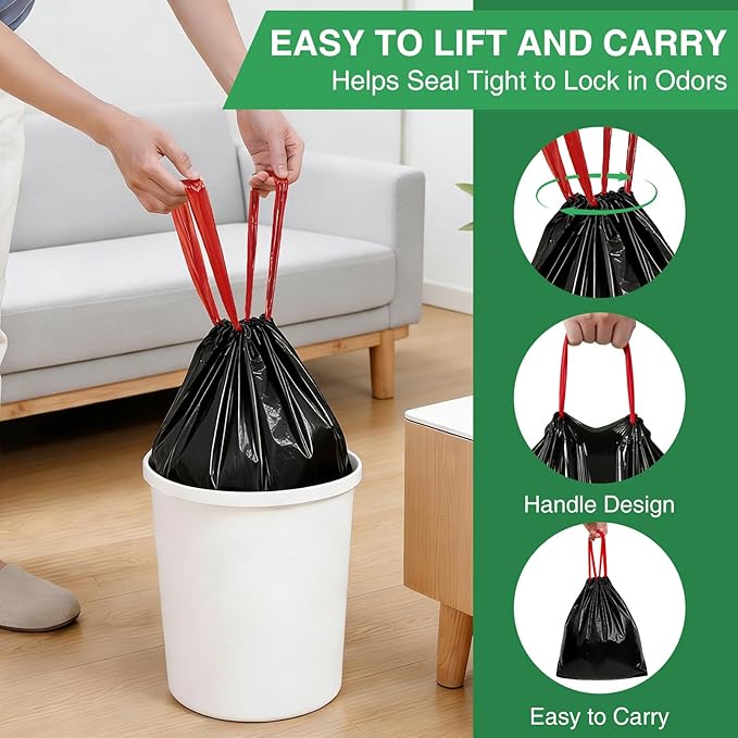 200 Counts 1.2 Gallon Trash Bag Drawstring Small Trash Bags, Thick Pre-separated Garbage Bags, Trash Bin Liners, Suitable for bathroom, kitchen, bedroom, office (Black)