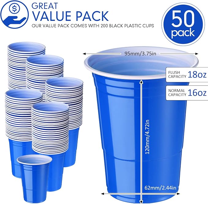 Mimorou Blue 200 Pack Plastic Cups 16 oz Disposable Cups for Party Wedding Halloween Stackable Beverage Drinking Tumbler Heavy Duty for BBQ Birthday Baby Shower