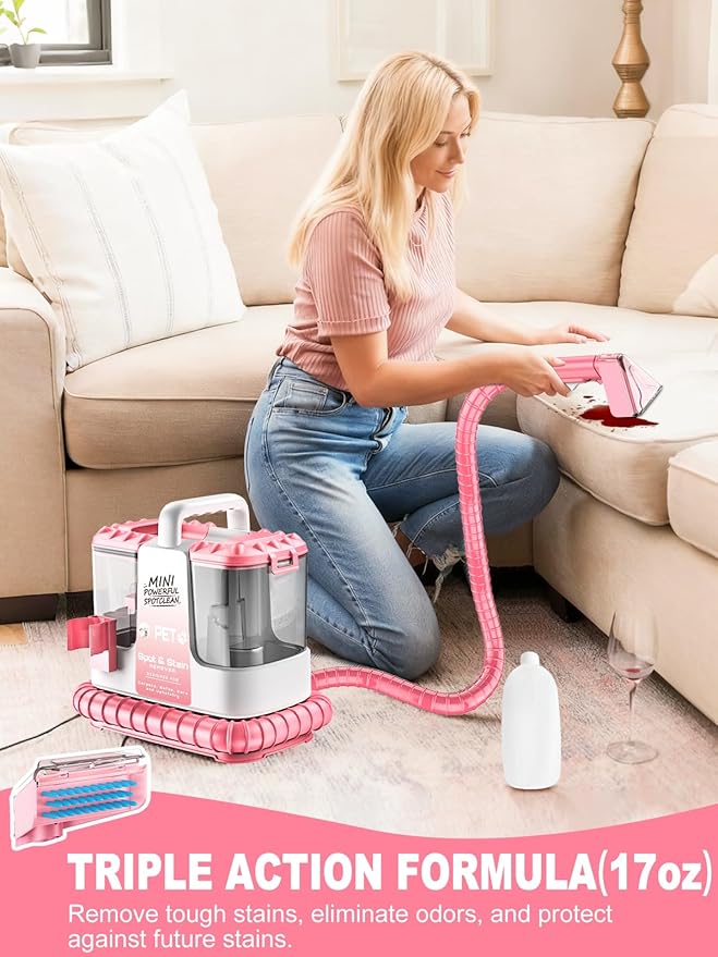 Portable Carpet & Upholestery Cleaner Machine for Pets, Spot, Stain, Couch Cleaner Machine with Powerful Suction and and Cleaning Solution, Car/Auto Detailer, Lightweight Compact Design, Pink