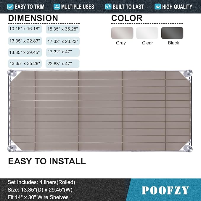 Poofzy Wire Shelf Liner 14" X 30", Non-Adhesive Plastic Shelf Liners for Wire Shelving, Waterproof Protector Mats (5PK, Gray)
