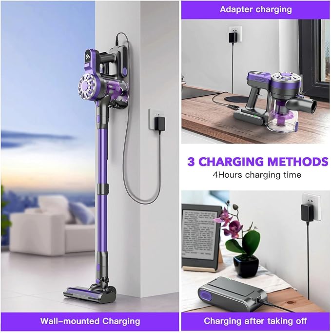 WLOTPO Cordless Vacuum Cleaner for Home,Lightweight Stick Vacuum Cordless Rechargeable with Power Suction, Up to 35 Mins Runtime, Hardwood Floor Vacuum for Pet Hair,Carpets,Tile(Purple)
