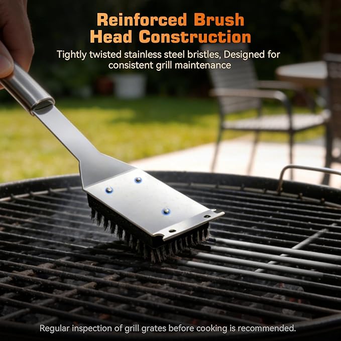 BBQ Grill Brush and Scraper, Heavy Duty Grill Cleaner with Stainless Steel Handle, Replacement Brush Head Included, Grill Cleaning Brush for Gas, Charcoal & Smoker Grill Grates （15 inch）