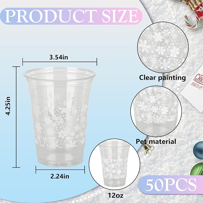 AimFun Snowflakes Plastic Cups Christmas Snowflake Disposable Party Cup Winter Holiday 12oz Clear Cups for Candy Beverage Snacks Birthday Baby Shower Party Supplies (50, Snowflakes)