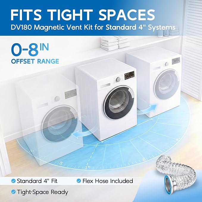 DV180 Magnetic Dryer Vent Coupling Connector Kit, Quick Connection, Airtight Seal, Easy to Clean, Universal Compatibility with Standard 4" Dryer Vent Systems, Includes 2.6ft Hose, 2 Clamps & Foil Tape
