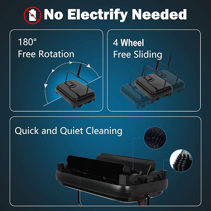 Eyliden Carpet Sweeper, Mini Size Lightweight Hand Push - No Noise, Non-Electric, Easy Manual Sweeping Only for Carpet Cleaning (Black)