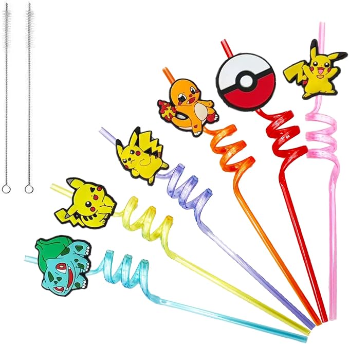 30pcs Electric mouse Straws Pokemon Party Supplies Favors With 2pcs Cleaning Brush Plastic Reusable Straws Birthday Party Supplies For Boys Girls