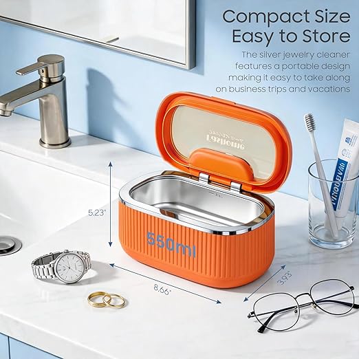 Ultrasonic Jewelry Cleaner Machine with 2×100ml Cleaning Solution, 45kHz Sonic Cleaner for Rings, Glasses & Watch Band, 550ML Stainless Steel Tank, 5 Timer, 3 Power Levels, Degas Mode-Orange