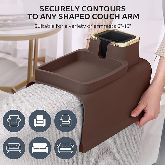 HMASYO Couch Cup Holder Tray - Silicone Sofa Armrest Table Couch Drink Holder and Tray Organizer for Remote Snacks Cellphone, Anti-Spill Anti-Slip Design, Gifts for Family Mom Dad Grandma