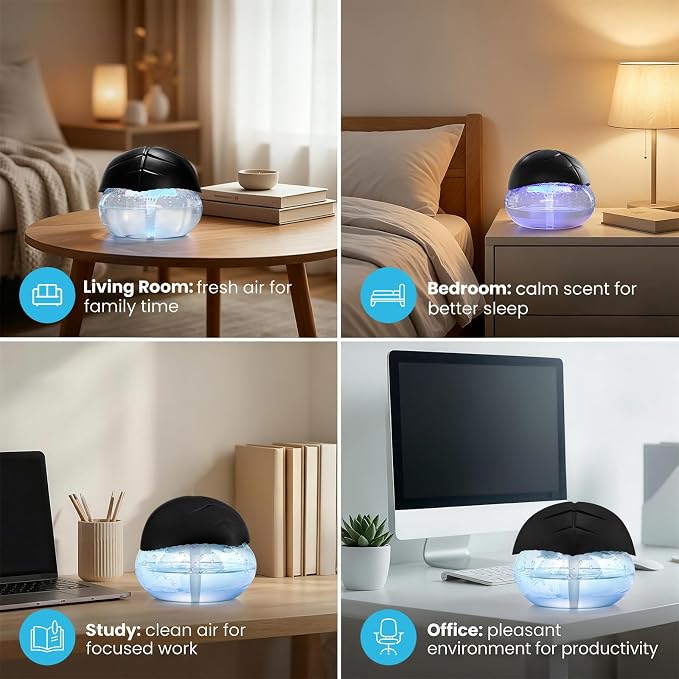 Water Based Air Purifier with Essential Oil Diffuser Pack, Air Washer with 7 Color LED Night Light, Air Revitalizer Includes 6x10ml Essential Oil Aroma Diffuser for Home, Office, Pet