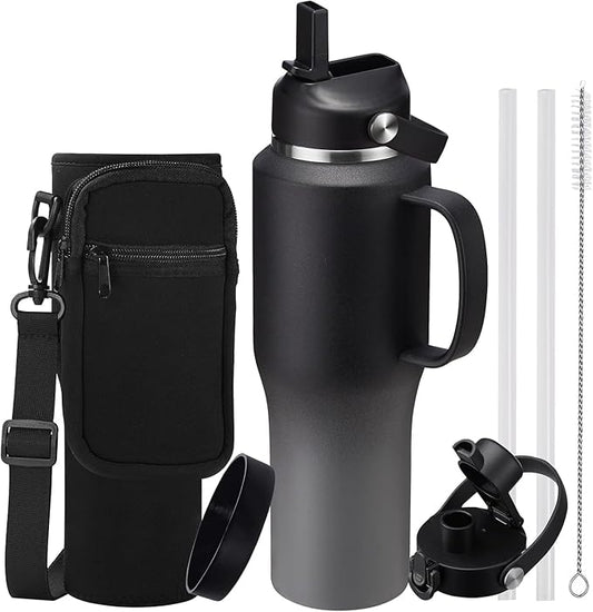 Insulated Water Bottle 32 OZ - with Straw & Pop-up Spout Lid, Keep Cold-48H Hot-12H, Stainless-Steel with handle for Women Men, Metal Flask Water Bottle Fits in Cup Holder