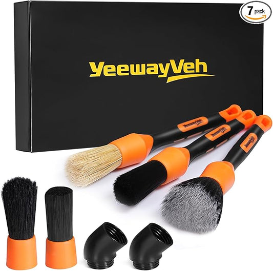 YeewayVeh Car Detailing Brush Set, 5Pcs Car Detailing Brushes with 2 Elbow, 2pcs Boars Hair, 1pc Ultra Soft Detail Brush for Dashboard Air vent Leather Seat, 2pcs Detailing Brush for Interior Exterior