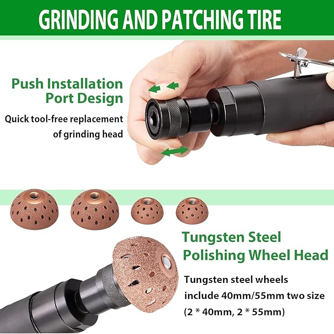 Air Tire Repair Polish Patch Tools, Include 2500rpm Low Speed Air Tire Buffer Tire Inner Liner Scrapper Patch Roller 4Pcs Tungsten Steel Buffing Wheel