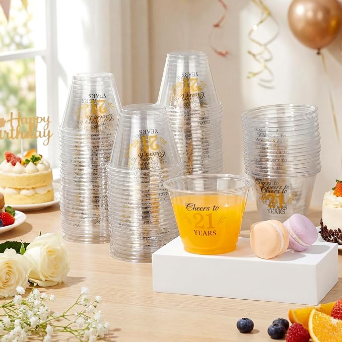 LemonRoad 100 Pack 21st Birthday Cup 9 oz Cheers to 21 Years Birthday Disposable Clear Plastic Cocktail Cups Hot Cold Beverage Drinks for Men Women Wedding Anniversary Decorations Party Favors