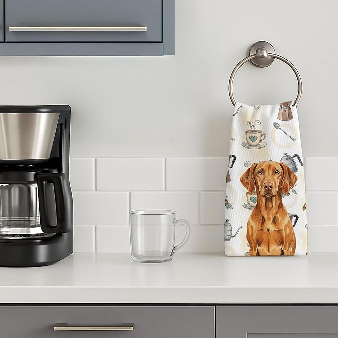 Caroline's Treasures Vizsla Coffee Bar Kitchen Towel Velour Plush Front and Cotton Loop Back Machine Washable