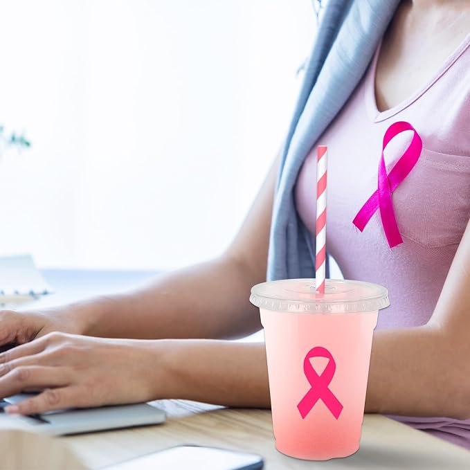 Whaline 50Pcs Breast Cancer Awareness Disposable Plastic Cups with Lids and Straws 12 Oz Pink Ribbon Cold Beverage Drinking Cups for Charity Event Women Party Supplies