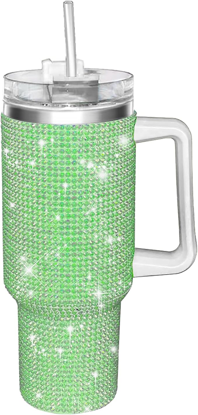 HWISDMIG 40oz Tumbler with Handle-Glitter Rhinestones Tumbler Bling Cups Stainless Steel Water Bottle Diamond Studded Tumbler for Women-Birthday Gifts for Women, Mom, Girlfriend (Green)