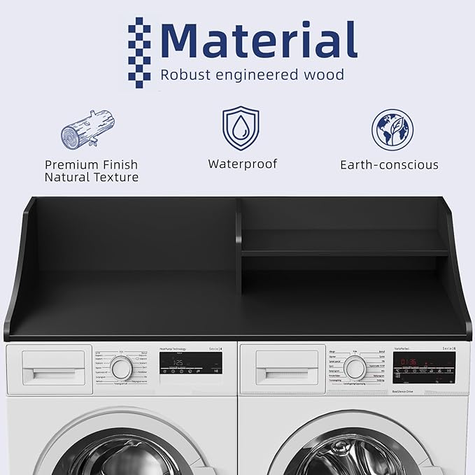 Memobarco 2 Tiers Washer Dryer Countertop, 54" Width x 27.5" Depth Laundry Countertop Organization, Wooden Washer and Dryer Topper for Folding, Sorting & Ironing, Easy to Install, Black