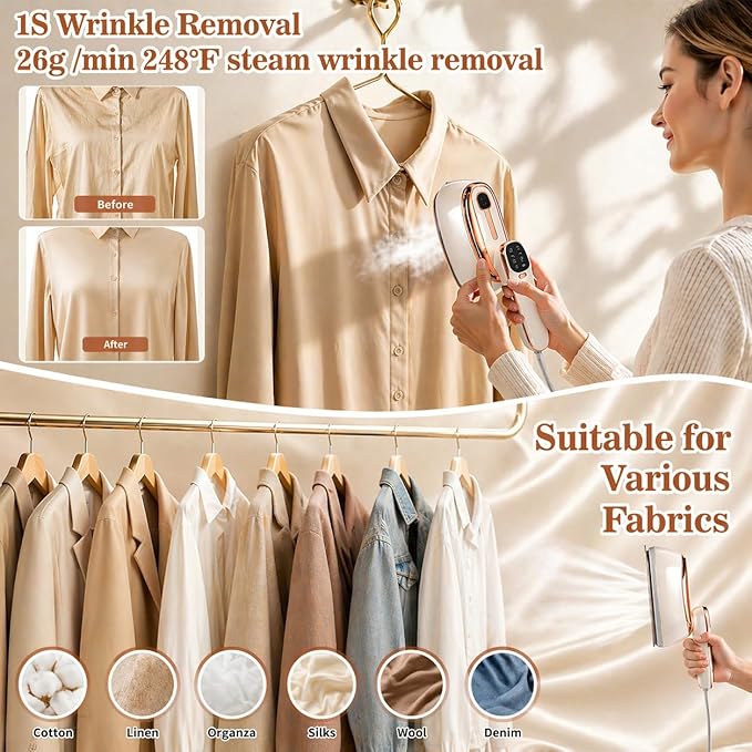 Portable 1500W Handheld Clothes Steamer– 20s Rapid Heat-Up, 17 Steam Vents, 8 One-Touch Fabric Modes, 260 mL Tank for Home, Travel & Business