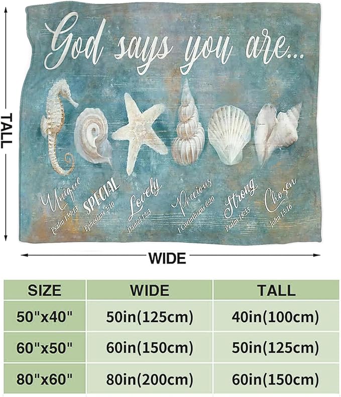 Tijuboni Ocean Seashells Throw Blanket - God Says You are - Beach Nautical Gifts for Women Men Girls Boys Kids Adults Soft Flannel Fleece Blanket for Couch Sofa Bed Home Decor 50"x60"