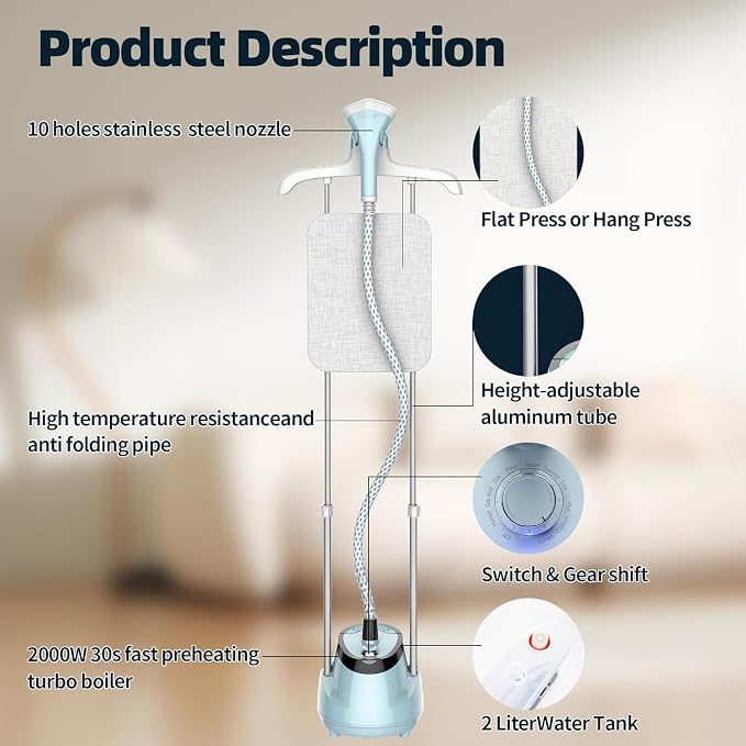 Upright Steamer for Clothes 1350W Turbo Boiler Standing Garment Steamer 1.6L Water Tank 1h Continuous Steam Flat&Hanging Ironing Double Retractable Rod 10 Modes 30s Fast Preheat for all Fabrics