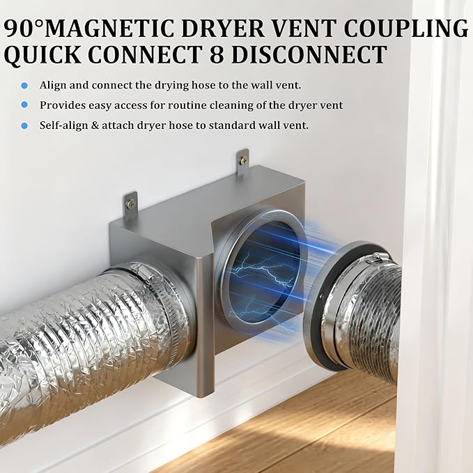 Magnetic Dryer Vent Coupler 90 Degree Elbow, Strong Magnetic Self-Connection Dryer Vent Connector Kit, Stainless Steel Airtight Seal for Dryer Venting, Includes 2.6ft 4IN Duct & Clamps