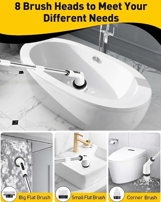 Shower Scrubber with Long Handle, Shower Cleaner Brush with 8 Brush Heads, Cordless Electric Spin Scrubber for Cleaning with 2 Speed, Cleaning Supplies for Bathroom Bathtub Kitchen Floor Tile Toilet