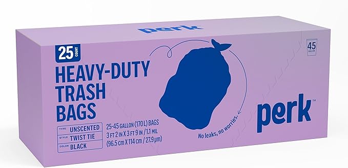 PERK Black 45 Gallon Trash Bag, Low Density 1.1 Mil