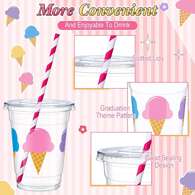 Blushtier 300 Pcs Ice Cream Disposable Plastic Cups with Lids and Straws 12oz Ice Cream Party Favors Clear Cold Drinking Cups Birthday Drinkware Set for Party Supplies