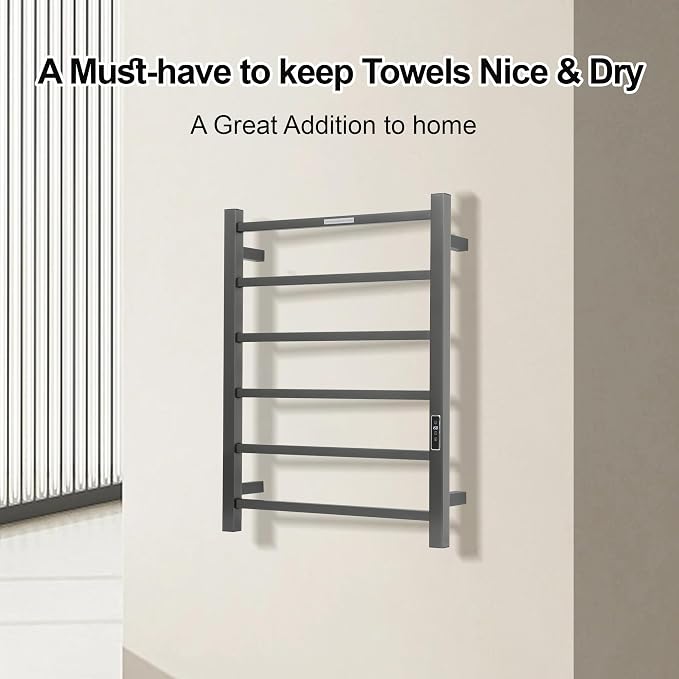 Electric Heated Towel Warmer - Wall Mounted Bathroom Towel Rack, Plug-in Design & Brushed Stainless Steel 6 Bar Gunmetal with Timer & Temperature Control