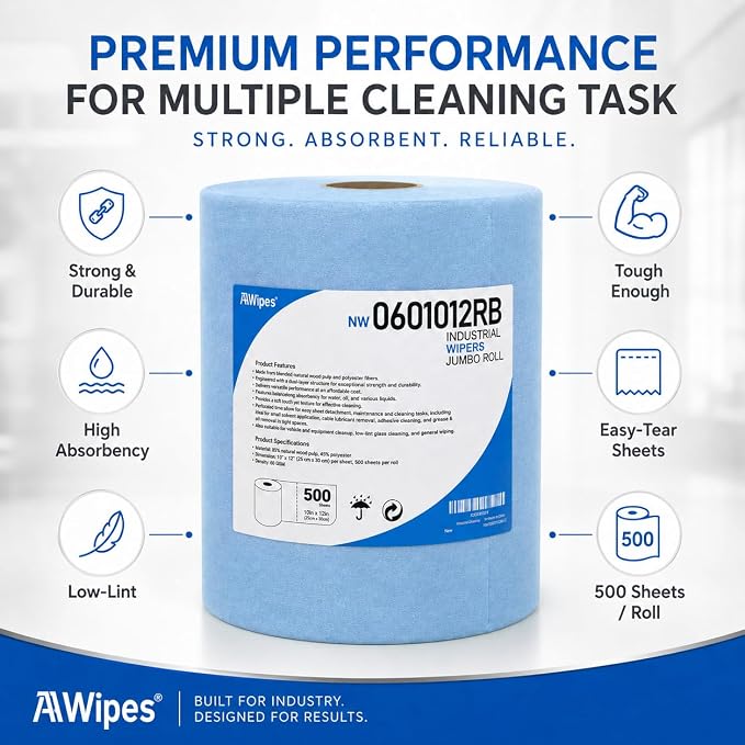 AAwipes Cleanroom Wipes Roll, 10x12" 500 Sheets Blue, Cellulose Polyester | Low-Lint, Highly Absorbent, Surface Cleaning, Lab & Industrial Applications
