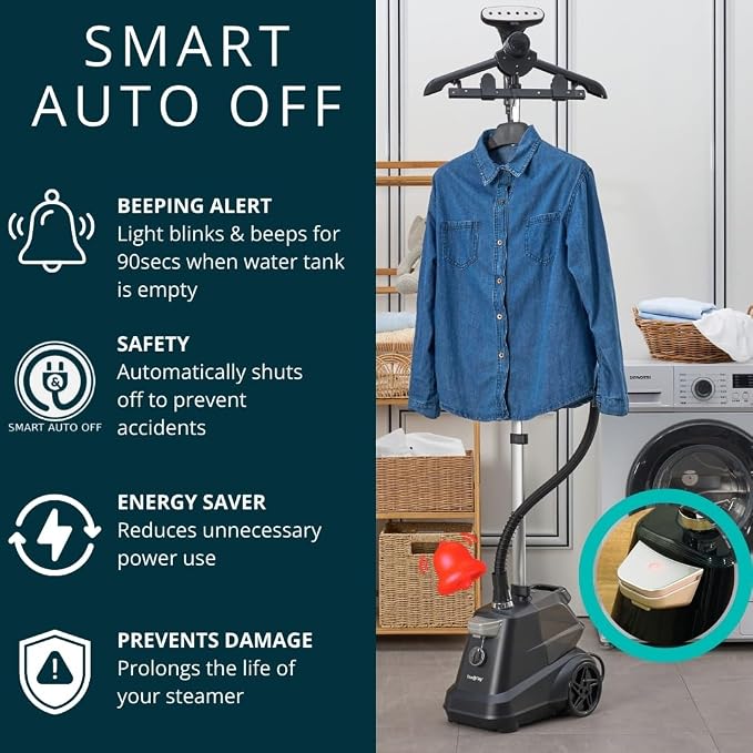 True & Tidy® Heavy-Duty Industrial Standing Garment Steamer for Clothes, 1800 watts, Extra Large 3L water tank 90+ mins of Steam Time (Matte Black, Smart Auto-Off Commercial Garment Steamer)