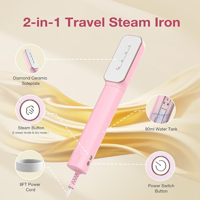 Newbealer 2in1 Travel Iron, 100-240V Clothes Steamer, 2 Steam Levels, Pink | Portable for On-the-Go, Heats in 20s, Dry Iron No Clamp, 180° Rotatable Head, 360° Leak-Proof, Auto-Off, Self-Cleaning, 90ml