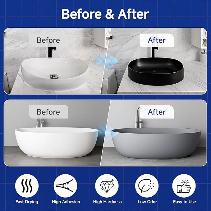 Tub and Tile Refinishing Kit with Tools, 35oz White Tile Paint Water Based & Low Odor, DIY Bathtub Paint, Easy to Use for Bathroom, Kitchen, Porcelain, Floor, Semi-Gloss, 50-60sq.ft(Black)