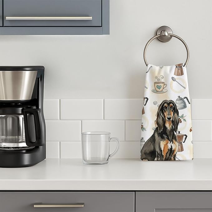 Caroline's Treasures Black & Tan Afghan Hound Coffee Bar Kitchen Towel Velour Plush Front and Cotton Loop Back Machine Washable